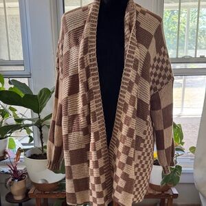 Brown Checkered Open Front Cardigan